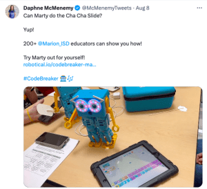 A tweet from Daphne McMenemy showing Marty the Robot dancing